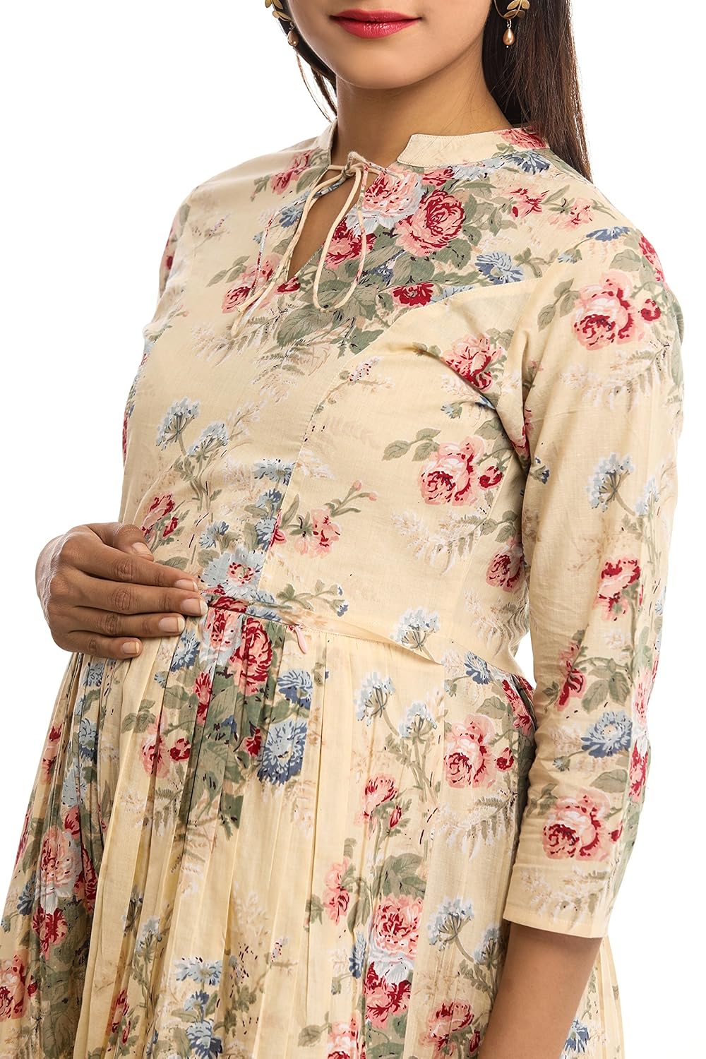 anayna women's cotton floral printed long maternity dress (biege)