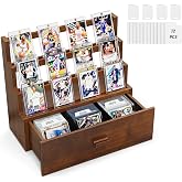 Emfogo Trading Card Display, 3-Tier Card Display Case with Custom Drawer, Wood Graded Card Display with Supporters and Dividers, Sports Card Display Case for Collection (Walnut)
