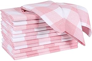 Alpha Living Home Gingham Buffalo Check Cloth Dinner Napkins Set of 12, 100% Cotton Checkered Wedding Dinner Napkins with Mitered Corners and Generous Hem - 18 x 18 Pink/White