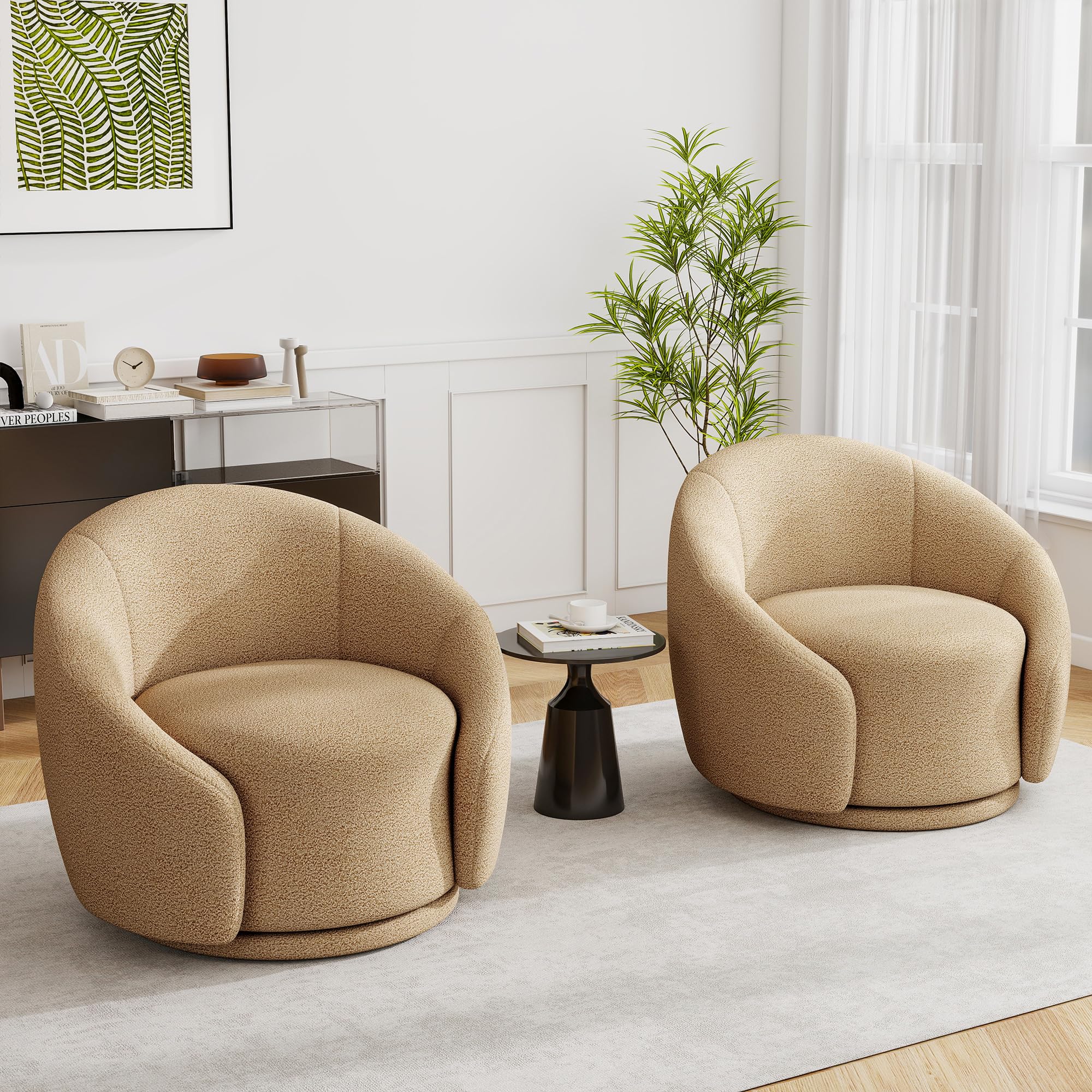 Photo 1 of *** one only **** UIXE Swivel Accent Chair, Boucle Barrel Chair Upholstered Arm Chair for Living Room, Modern Round Club Chair with Turntable Base - Light Brown, Set of 2