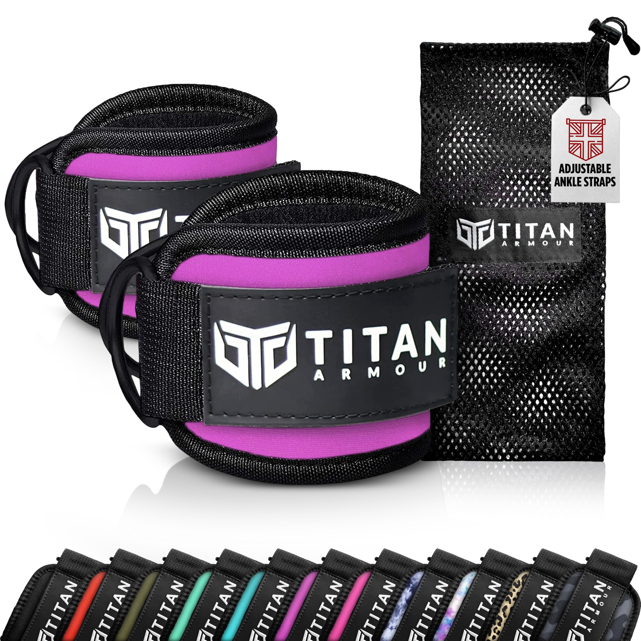 Titan Armour® Ankle Straps for Cable Machines | Gym Cuffs w/Heavy-Duty Steel Double D-Rings & Adjustable Strap | Lower Body Workouts Inc. Leg Extension, Leg Curl & Glute Kickback | Men & Women