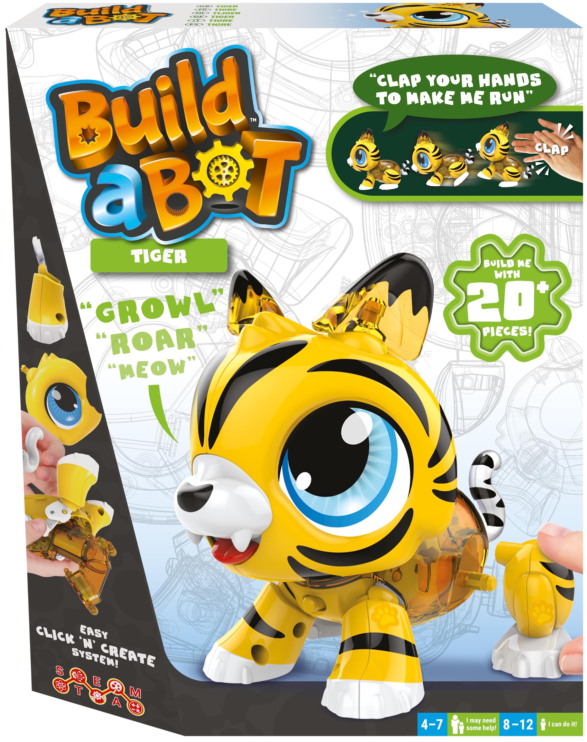 Build-a-Bot: Tiger | Build Your Own Interactive Pet Tiger | Easy Click 'n' Create System | 20+ Piece STEM Robot Kit for Kids | For Ages 4+, Yellow