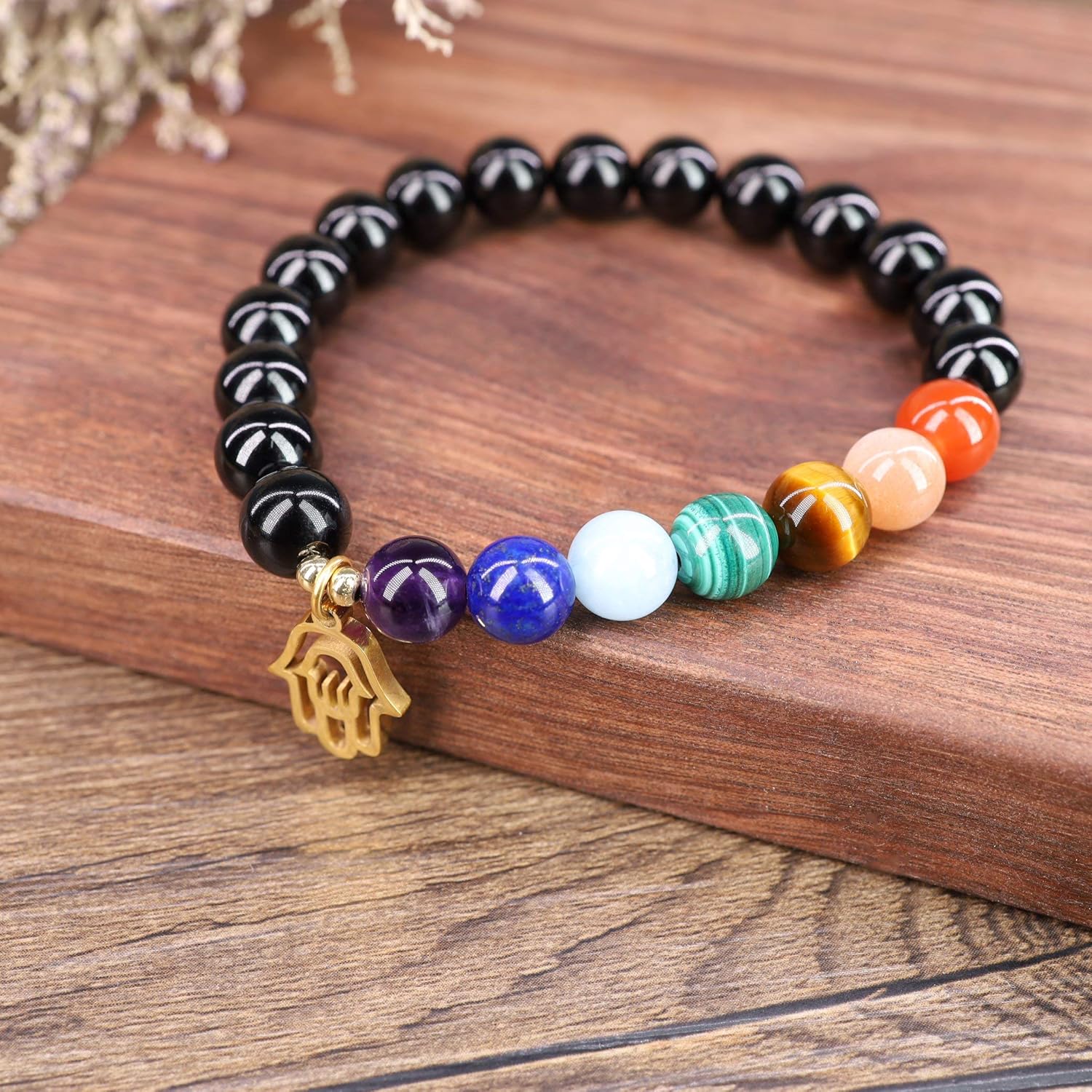 COAI Hamsa Hand Bracelet 7 Chakra Balancing Bracelet Black Tourmaline Bracelet for Women Men, 7 inches - Image 5