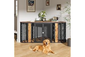 kepptory 67" Corner Wooden Dog Crate Furniture with Diamond Metal Decoration, Pet Kennel for Small, Medium and Large Dogs, Space-Saving Dog Cage for TV Stand