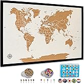 World Map Pin Board Large 30"x20" Framed | Cork Wall Map with Country Flags, Metallic & Colored Pins | World Travel Map with Pins | Unique Push Pin Map Gift for Travelers, Couples & Families.