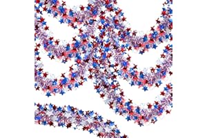 LEASEN 4th of July Patriotic Tinsel Garland Decorations 50 Ft 3 Pack, Red White and Blue Tinsel Garland with Star Metallic Glitter Garland for Memorial Day Independence Day Indoor and Outdoor Decorations