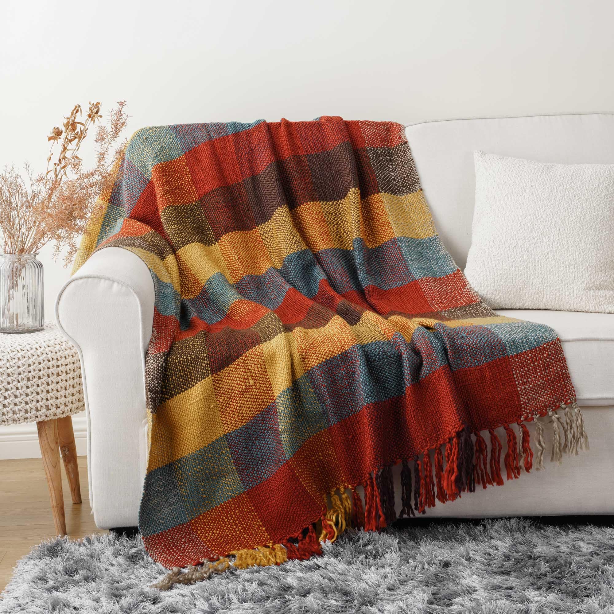 BATTILO HOME Fall Plaid Throw Blanket for Couch, Rustic Colorful Throw Blankets, Orange Checkered Throw Blankets for Chair Bed Sofa Fall Decor,127x152cm