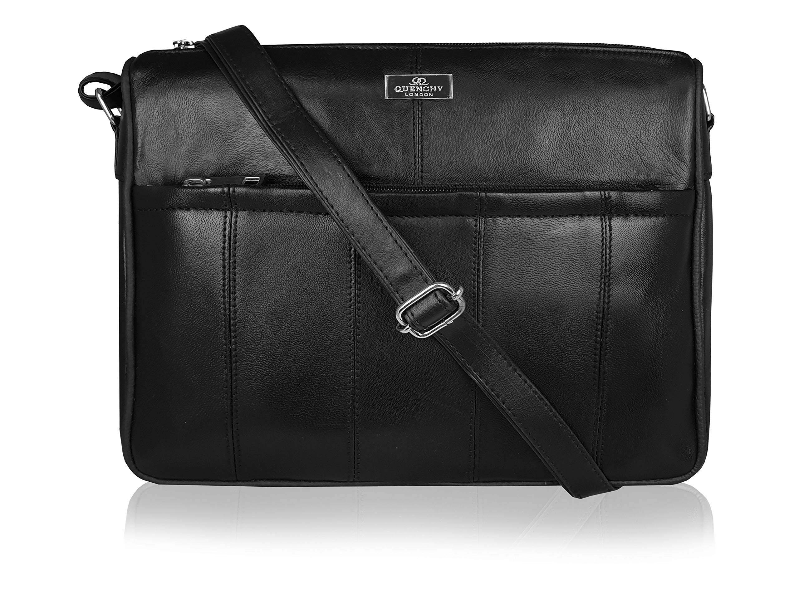 Quenchy London Women’s Genuine Leather Crossbody Shoulder Bag – Multi-Pocket Handbag with 4 Zip Compartments, Single Adjustable Strap, Medium Size Organiser Hand Bag – QL171K Black Sheep Nappa
