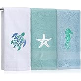 SmoothNovelty 3 Pcs Ocean Beach Coastal Hand Towels for Bathroom Embroidered Bathroom Summer Towels Farmhouse Decorative 13. 78 x 29. 53 Inch Absorbent Soft Cotton for Kitchen Dish Fast Drying Decor