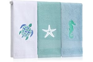 SmoothNovelty 3 Pcs Ocean Beach Coastal Hand Towels for Bathroom Embroidered Bathroom Summer Towels Farmhouse Decorative 13. 78 x 29. 53 Inch Absorbent Soft Cotton for Kitchen Dish Fast Drying Decor