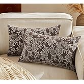 YZJZEDS Floral Jacquard Lumbar Throw Pillow Covers Set of 2, Background/Chocolate 12x20 Inch, Farmhouse Decorative Cotton Dark Brown Cushion Covers for Sofa Bed Living Room Home Decor