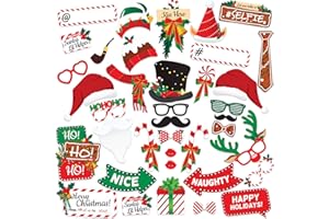 JOYOUSA Christmas Photo Booth Props 38pc Set - Christmas Party Decorations, Party Favors, Games & Supplies for Kids Adults - Christmas Photo Props Backdrop Table Decorations Accessories