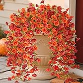 Fake Fall Hanging Flowers Artificial for Outdoor Decoration, 2 PCS Autumn Silk Faux Flowers Morning Glory with Eucalyptus Leaves, Realistic Hanging Plants for Wedding Home Office Garden Decor, Mix