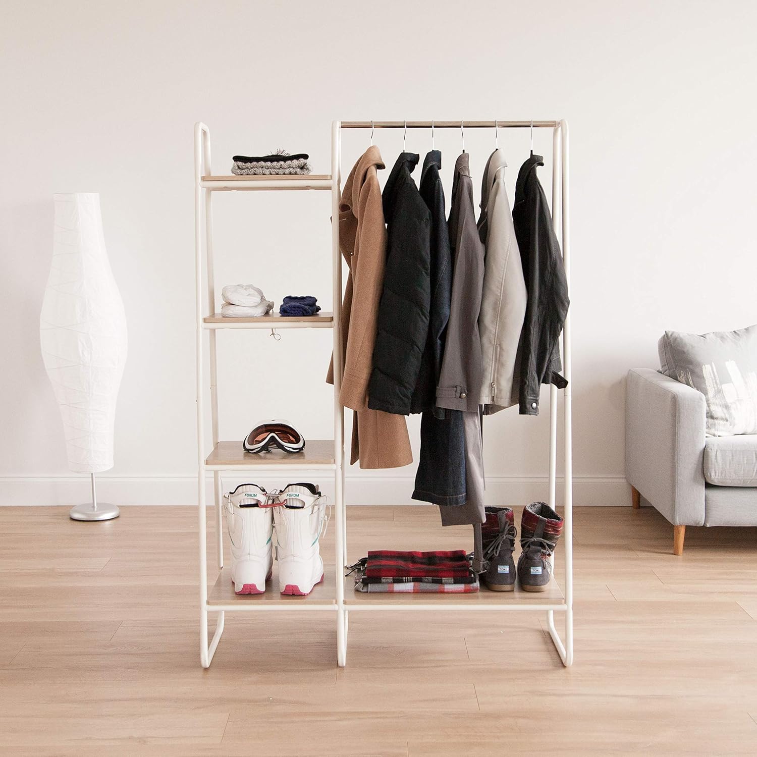 IRIS USA Metal Garment Rack with Wood Shelves, White and Light Brown PI-B3: Home & Kitchen