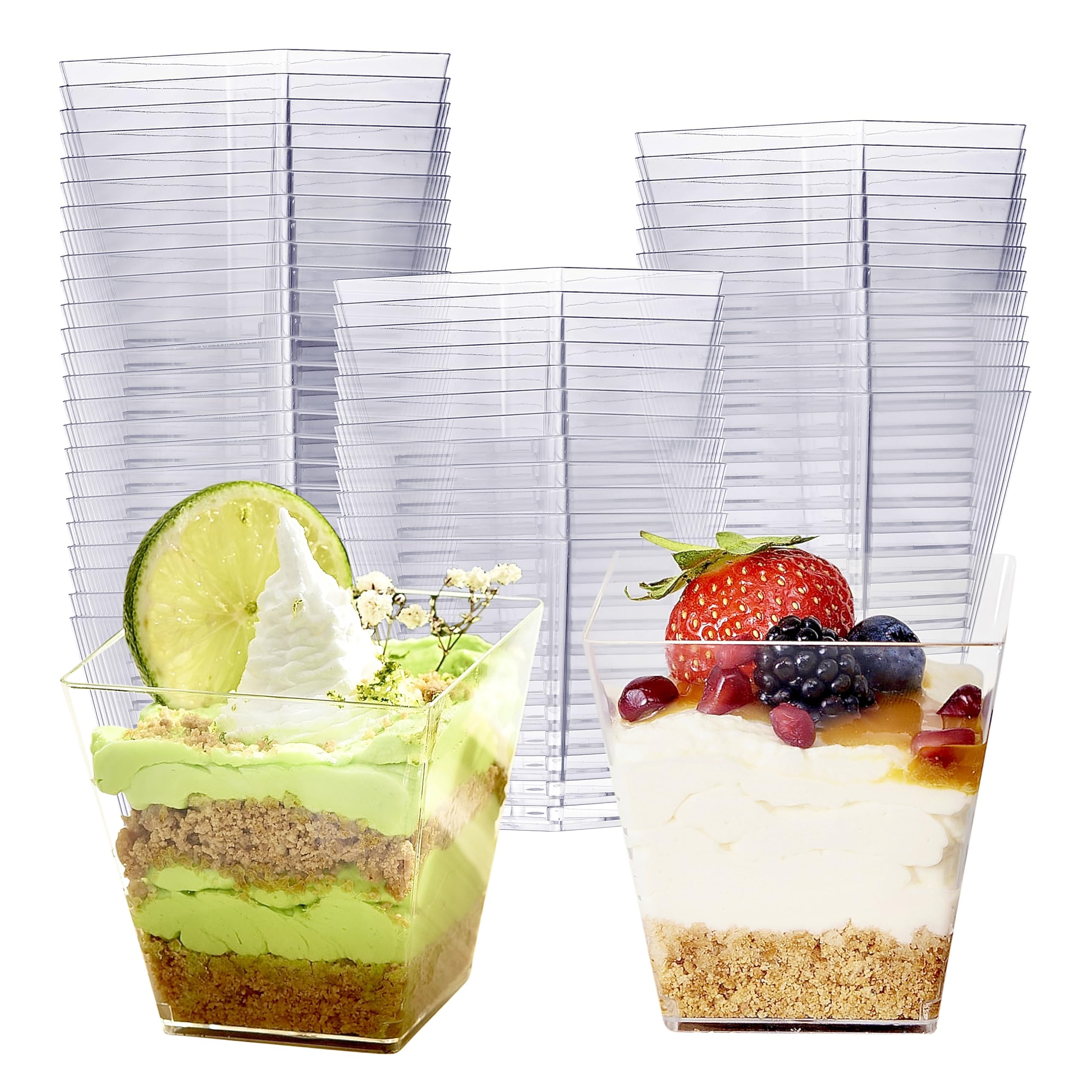 MATANA 48 Hard Plastic Dessert Cups, Reusable Dessert Pots (Square, 225ml) - Individual Cheesecake Pots, Plastic Ramekins, Trifle Bowls - Dessert Glasses for Pudding, Mousse, Parfait, Tiramisu, Jelly