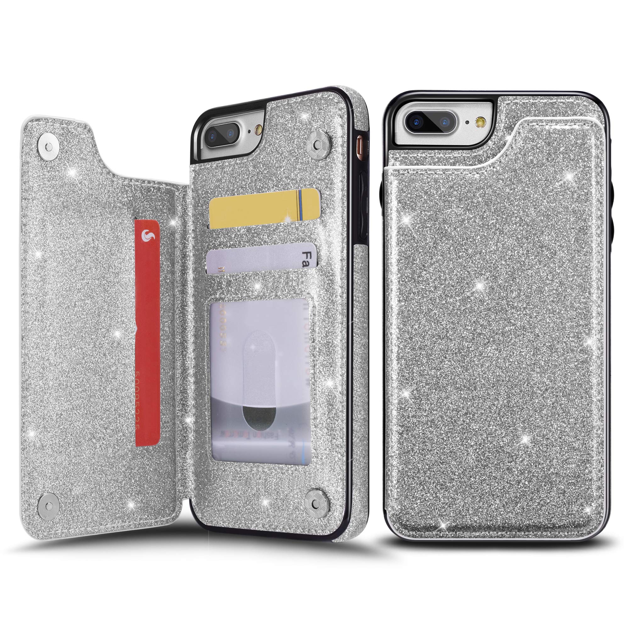UEEBAI Case for iPhone 7 Plus/8 Plus, Premium Glitter PU Leather Wallet Case with Card Slots & Stand Function, Silver