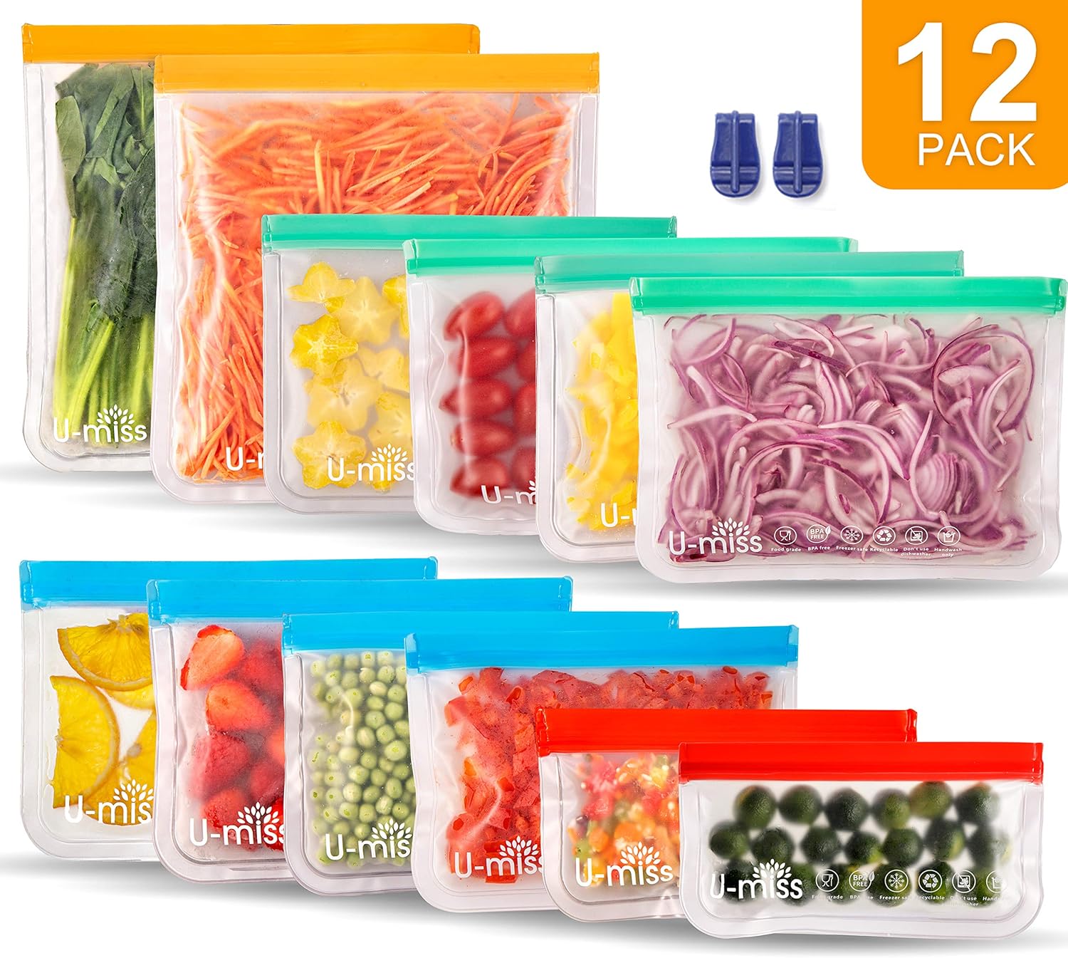 12 Pack Reusable Storage Bags (2 Gallon Bags + 4 lunch Bags + 4 Sandwich bags + 2 Snack Bags), BPA -Free & Freezer Bags, Leakproof Storage Bag for Food, Travel, Home Organization