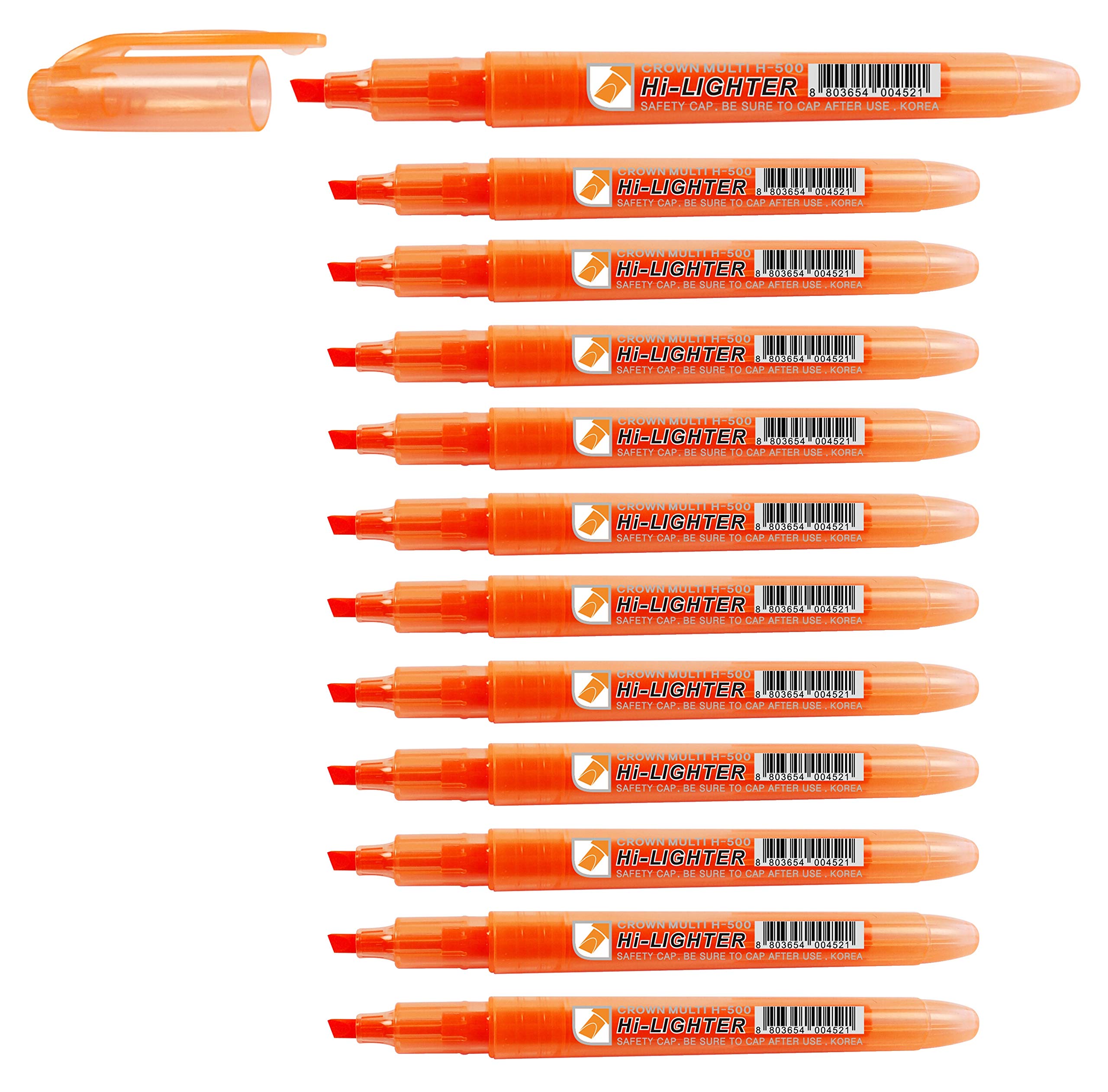 CROWN H-500 Highlighter Pens Chisel Tip Slim Highlighters - Pack Of 12 - With Bright Fluorescent Ink - Orange