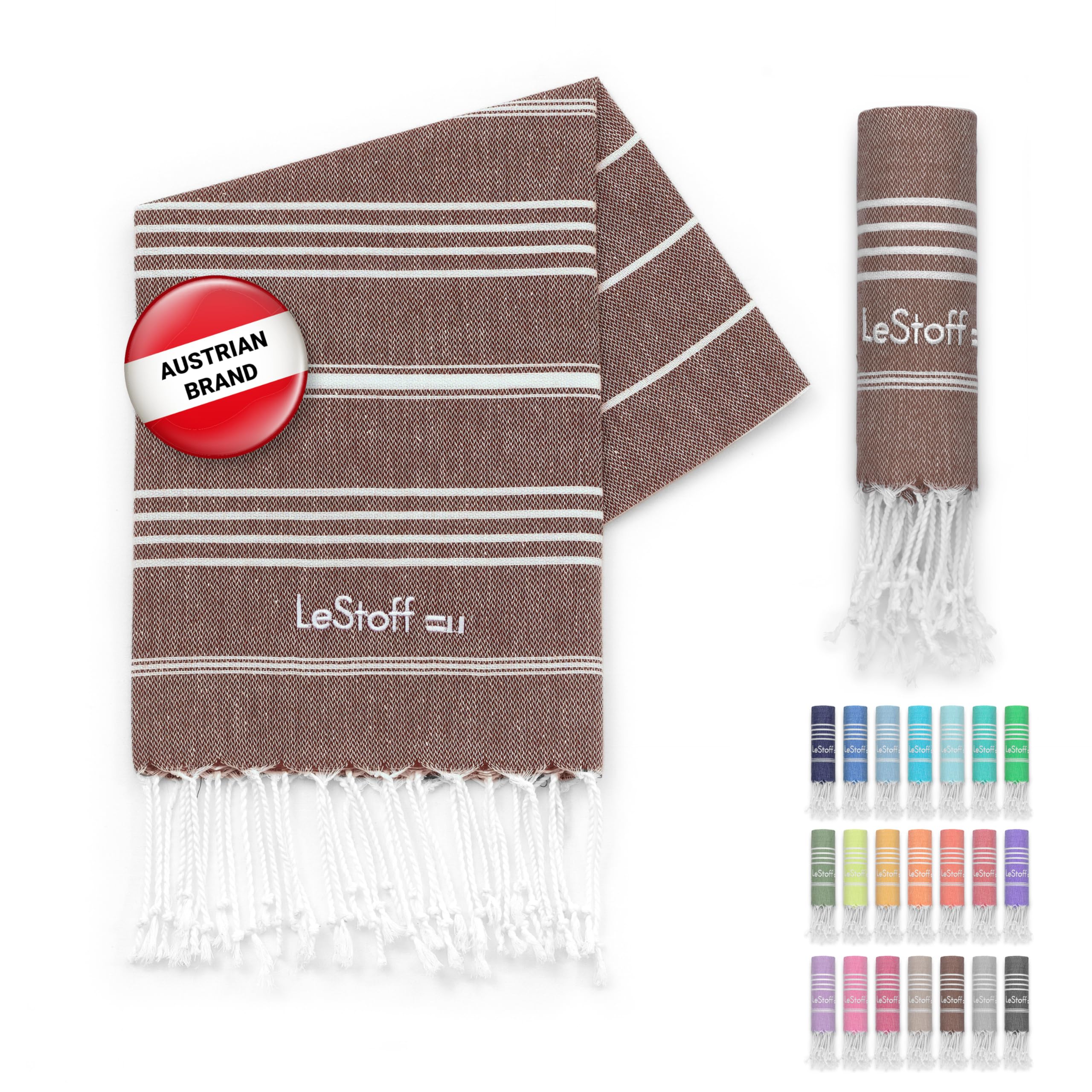 LeStoff Premium Hammam Towel - 100% Organic Cotton - Pre-washed Sustainable Absorbent & Quick-drying - Beach, Bath, Shower, Yoga, Spa & Travel Towel (50 x 100 cm, Brown)