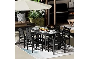 Anbuy Patio HDPE Dining Table Set, 7-Piece Outdoor Dining Table Sets, 2 in 1 Convertible Table and 6 Outdoor Chairs Outdoor All-Weather Furniture Set Black