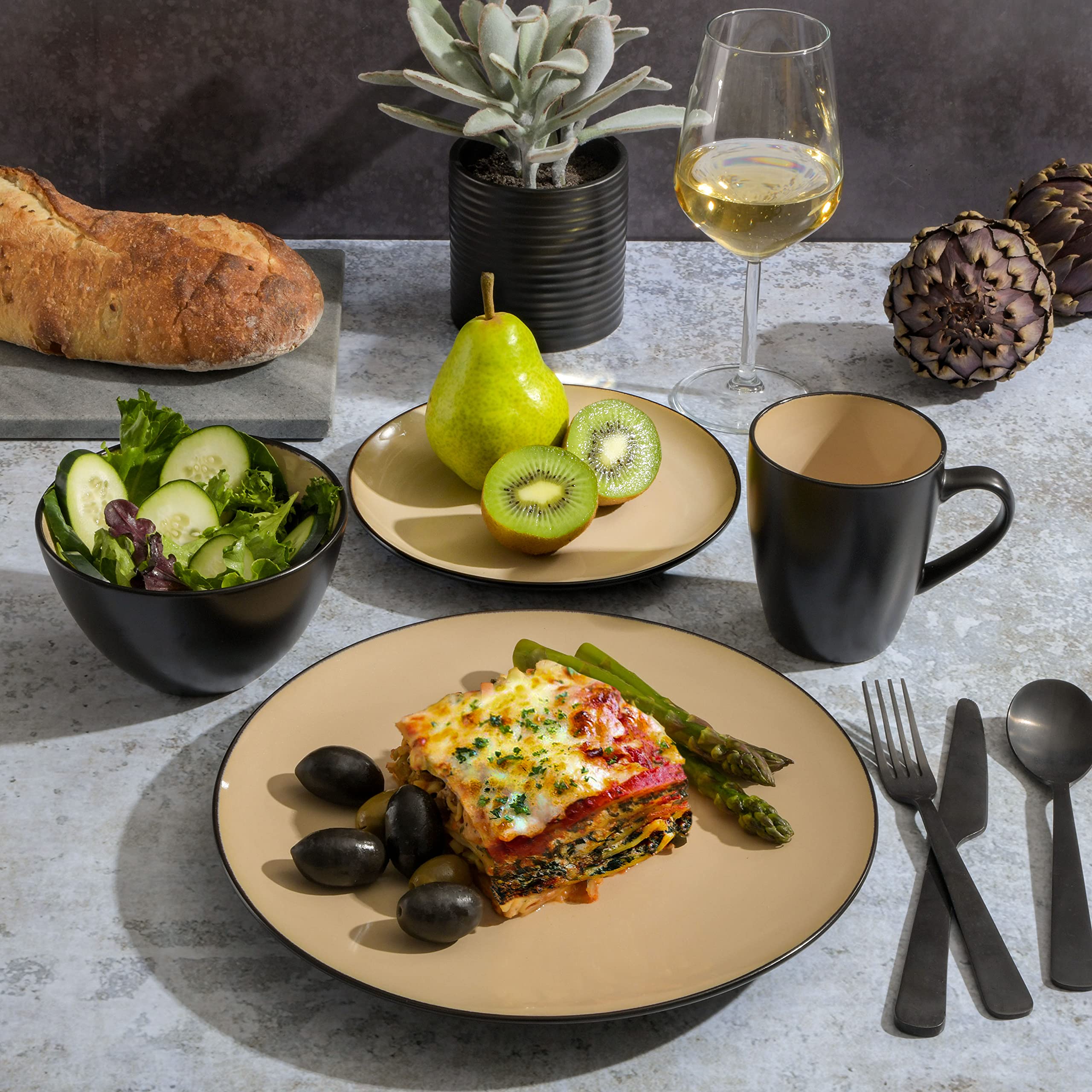 Gibson Elite Soho Lounge Geschirr-Set, rund, reaktiver Glasur, Steingut, Service für 4 Personen (16-teilig), Taupe 6