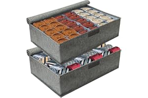 PINGMIC Gray Sock Organizer Divider 2 Pack with Lid - 30 Cell Foldable Closet Storage, Tie Organizer For Men Boxes for Socks, Ties, Belts