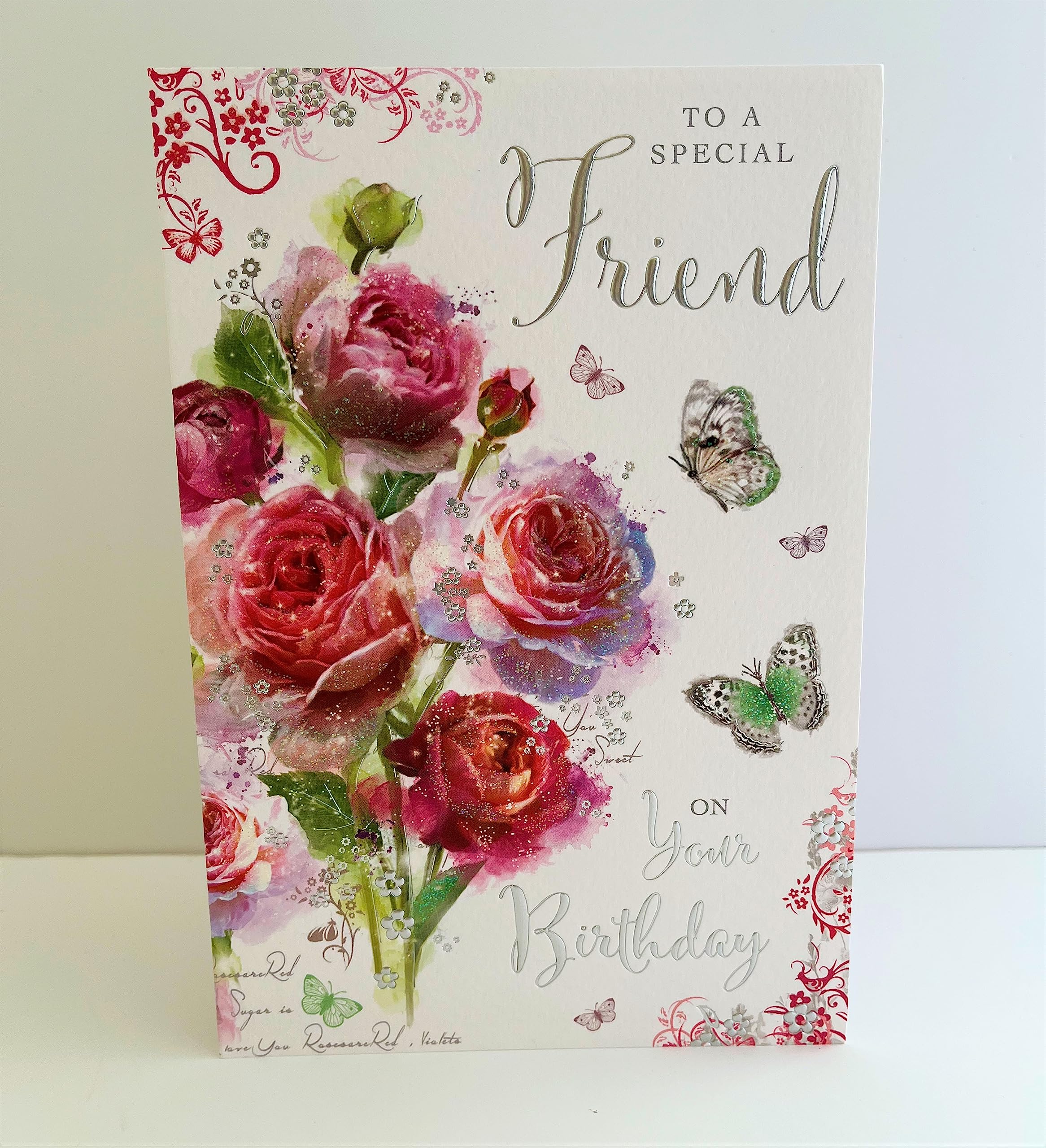Birthday Card - Friend - Pink Roses and Butterflies
