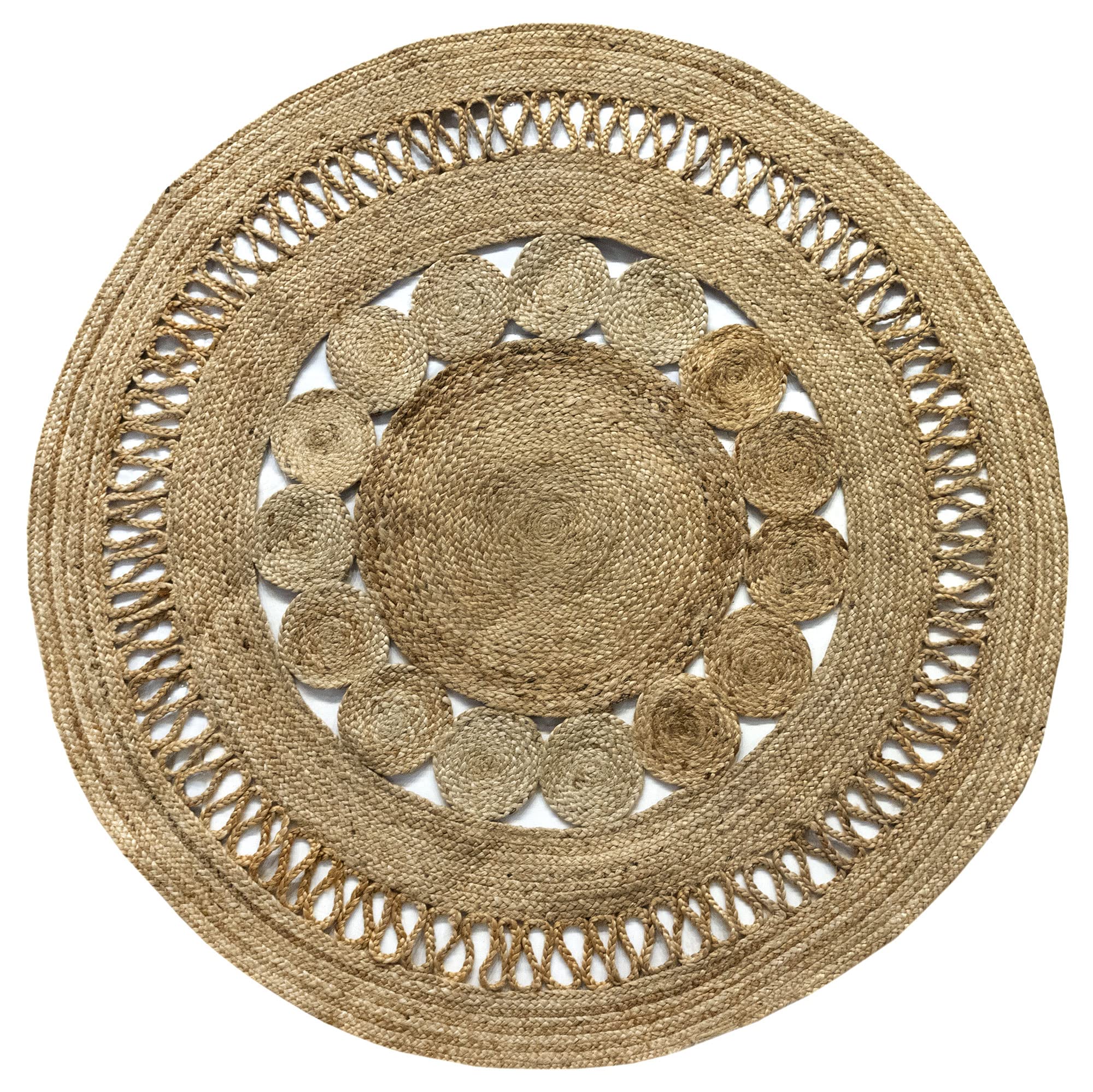 HAMID - Rug Jute Round Alhambra Nazari Natural Colour, Jute Rug, Area Rug 100% Jute Fibre Handmade, Braided Rug for Decoration. Home, Living Room, Floor Carpet..(150x150cm)