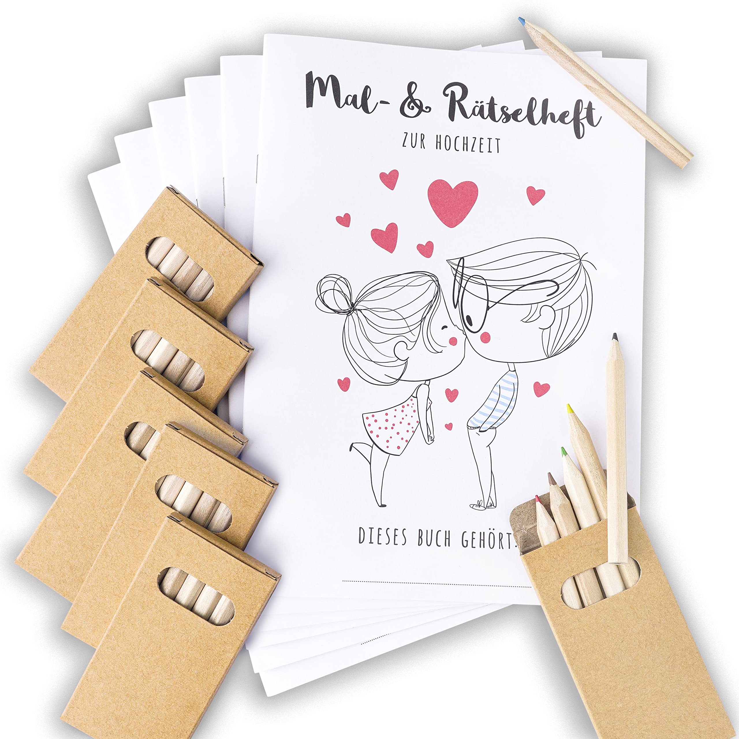 Wedding Colouring Book for Children DINA5 with Colouring Pencils (6 Colouring Books + Colouring Pencils in Set), 24 Pages Colouring and Puzzle Book as Guest Gift for Children for Wedding