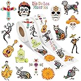 A1diee Day of The Dead Stickers Rolls 1000Pcs Dia de Los Muertos Mexican Halloween Decals Candy Skull Skeleton Cat Guitar Stickers for Laptop Water Bottle Luggage Bike Computer, 2 Rolls 16 Patterns