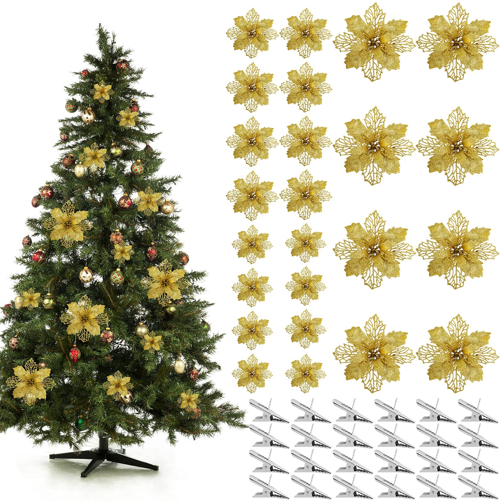 MCEAST 24 Pieces Christmas Artificial Poinsettia Flowers with 24 Clips Glitter Christmas Flower for Christmas Tree Ornaments Xmas Wedding Party Decor, Gold