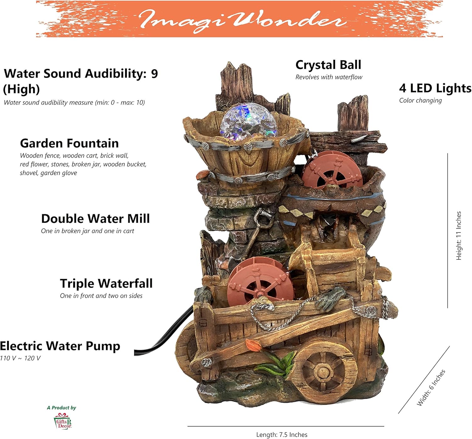 ImagiWonder Tabletop Fountain Water Mill in Broken Jar on Cart: Home & Kitchen