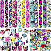Sinmoe 86 Pcs 80s 90s Party Favors Slap Bracelets Bulk Back to 80s Throwback Theme Party Favors Snap Bracelets with Retro Stickers for Adults Decorations