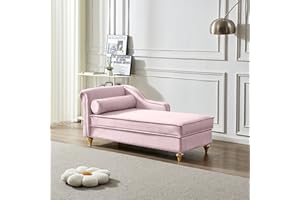 HomSof Chaise Lounge with Storage, Pink Velvet Reclining Chair with Metal Legs and 1 Round Pillow