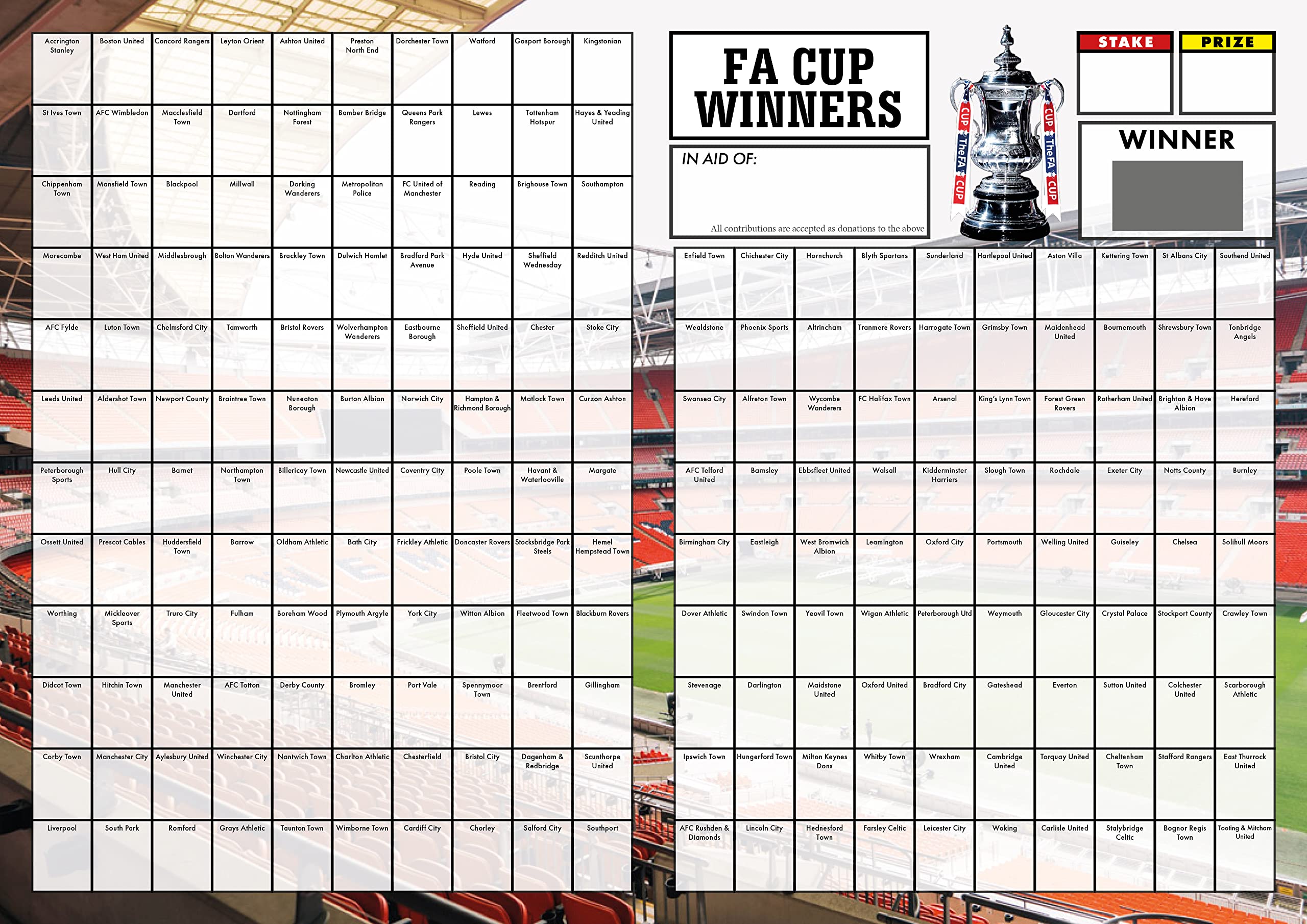 Totally Bonkers FOOTBALL FA CUP Fundraising Scratch Cards - 210 SQUARE A3