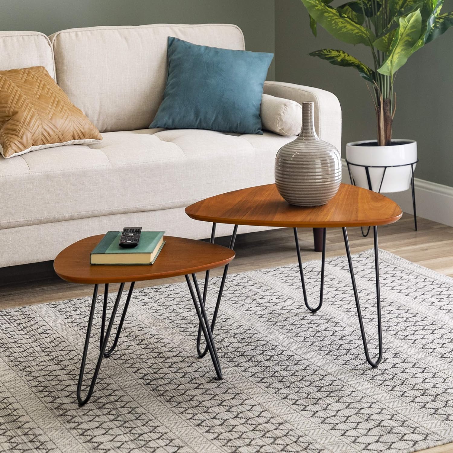 Walker Edison Furniture Company Mid Century Modern Hairpin Coffee Table Set Living Room, Nesting, Walnut: Furniture & Decor