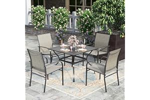 HERA'S HOUSE 5-Piece Patio Table and Chairs, Outdoor Dining Set for 4, Square Metal Table and Textilene Chairs with Umbrella Hole for Lawn Garden Backyard Deck, Brown