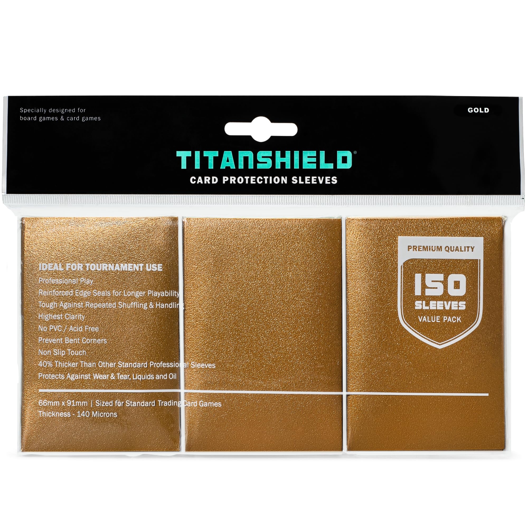 TitanShield 150 Gold Sleeves Compatible with MTG Magic The Gathering, Lorcana, Board Games and Trading Cards 2.5" x 3.5" 66x91mm