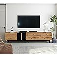 Virubi Modern TV Stand with 3 Cabinets & Open Shelves, Minimalist Wooden Entertainment Center for TVs Up to 80”, Sturdy TV Console for Living Room Bedroom Decor (Wood)