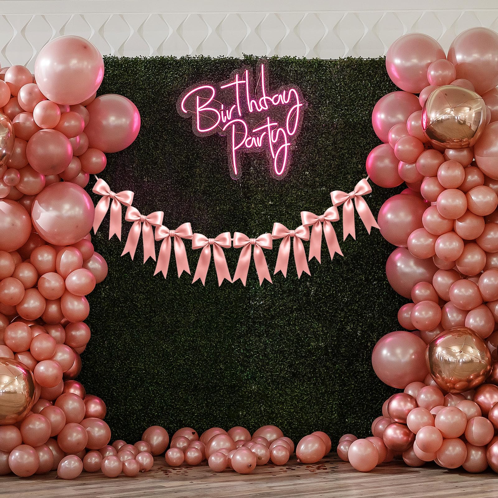 Photo 1 of 1 String of 8PCS Rose Pink Bow Garland Banner Decoration,Pre-Strung Satin Ribbon Ornaments for Birthday,Bachelorette Party,Bridal Shower,Wedding,Engagement,Baby Shower,Graduation Decor,Anniversary