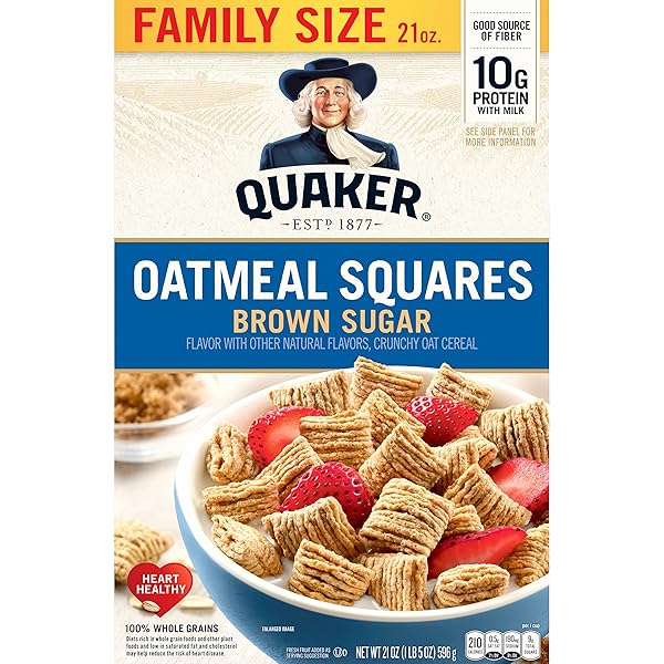 QUAKER OATMEAL SQUARES BREAKFAST CEREAL, BROWN SUGAR, 21OZ FAMILY SIZE BOX