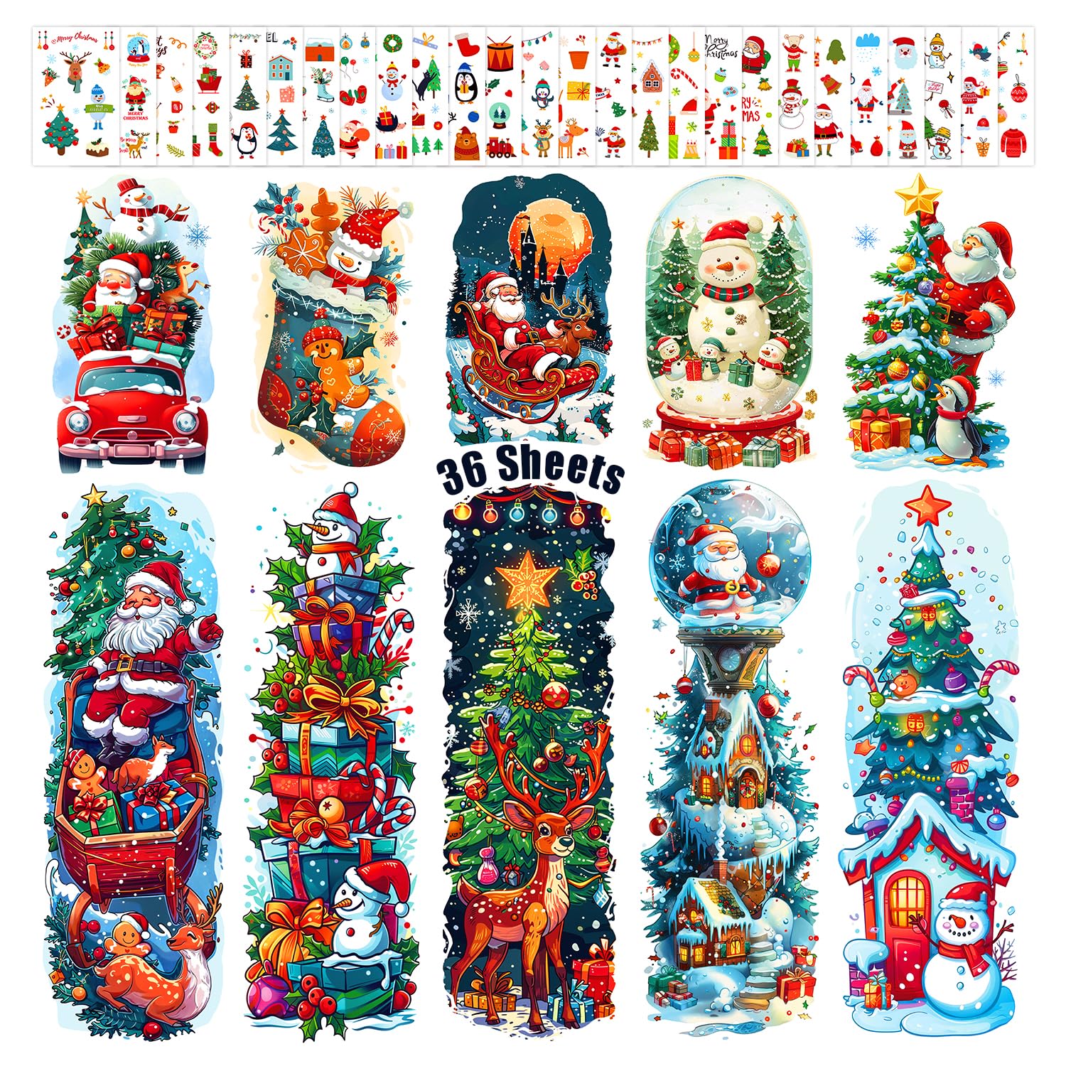 Leesgel Christmas Tattoos for Kids, 36 Sheets Mixed Size Kids Tattoos Sleeves, Full Arm Half Arm Face Hand Tattoo Stickers for Christmas Decorations, Christmas Stocking Xmas Eve Box Fillers Toys
