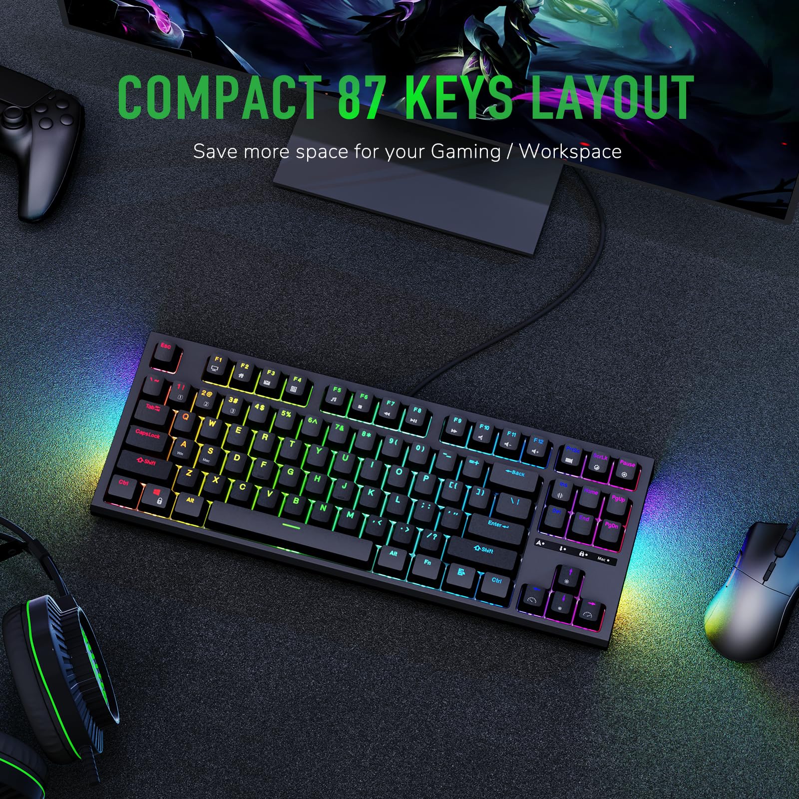 RK ROYAL KLUDGE R87 Mechanical Keyboard, 75% Layout Hot Swappable Wired Gaming Keyboard Software Macro Compact RGB Backlit PC Game Keyboards 87 Keys for Win Mac, Yellow Switch-Black