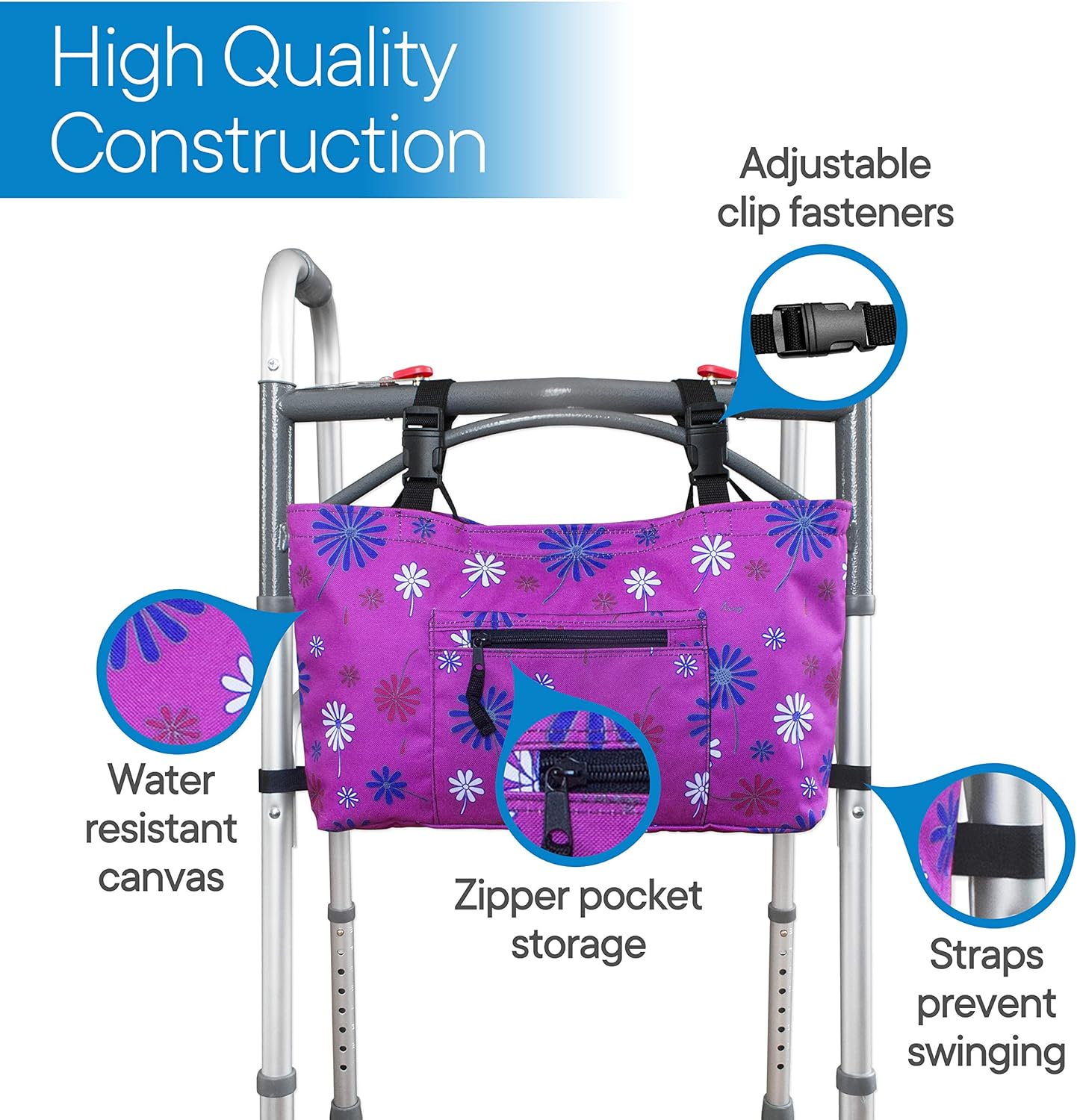 RMS Walker Bag with Soft Cooler - Water Resistant Tote with Temperature Controlled Thermal Compartment, Universal Fit for Walkers, Scooters or Rollator Walkers (Purple Flower): Health & Personal Care