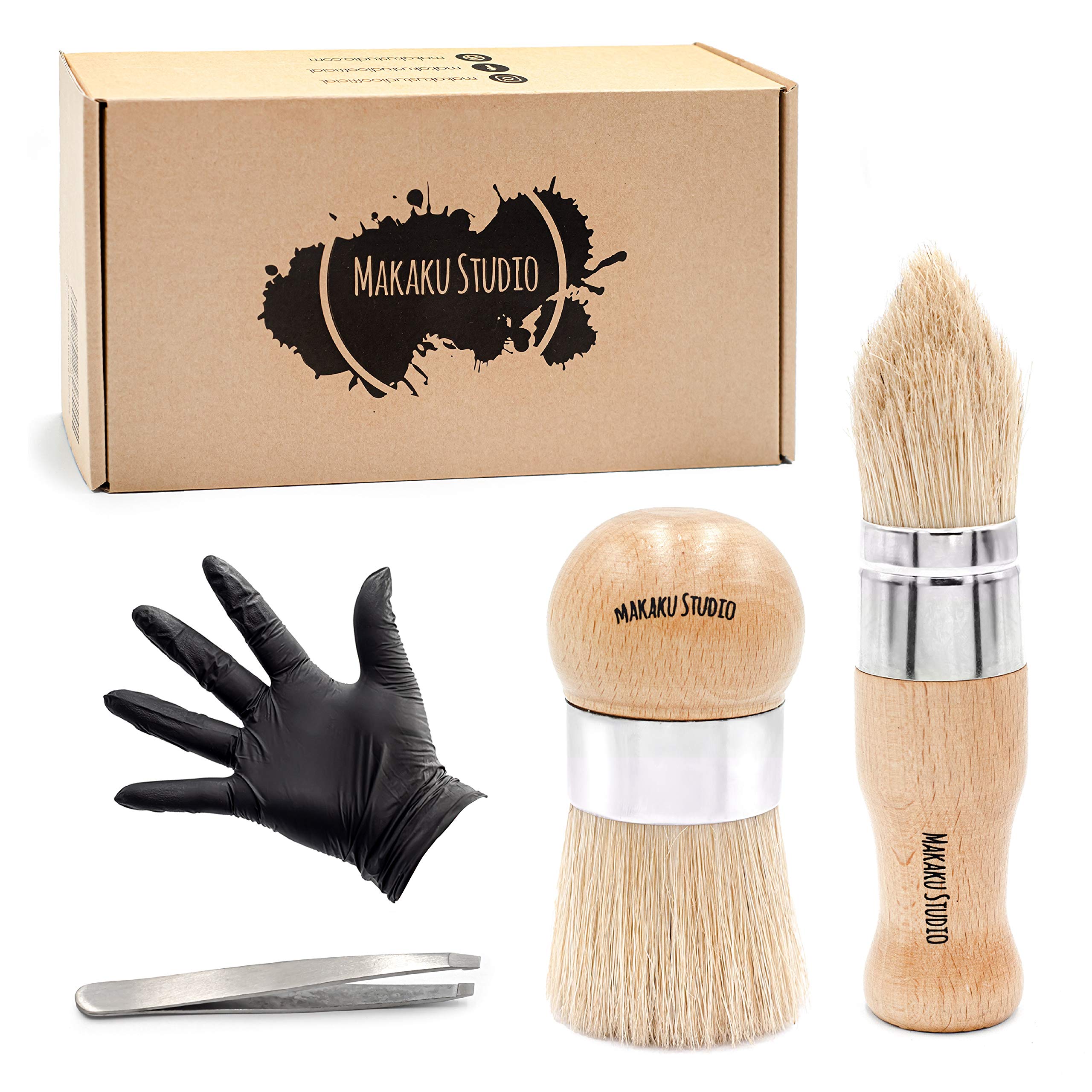 Makaku Studio Set of 2 Chalk Paint and Wax Brushes - For Furniture, White Wood Decorating, Craft - Natural Boar Bristle Brush Kit + BONUS Pair of Tweezers