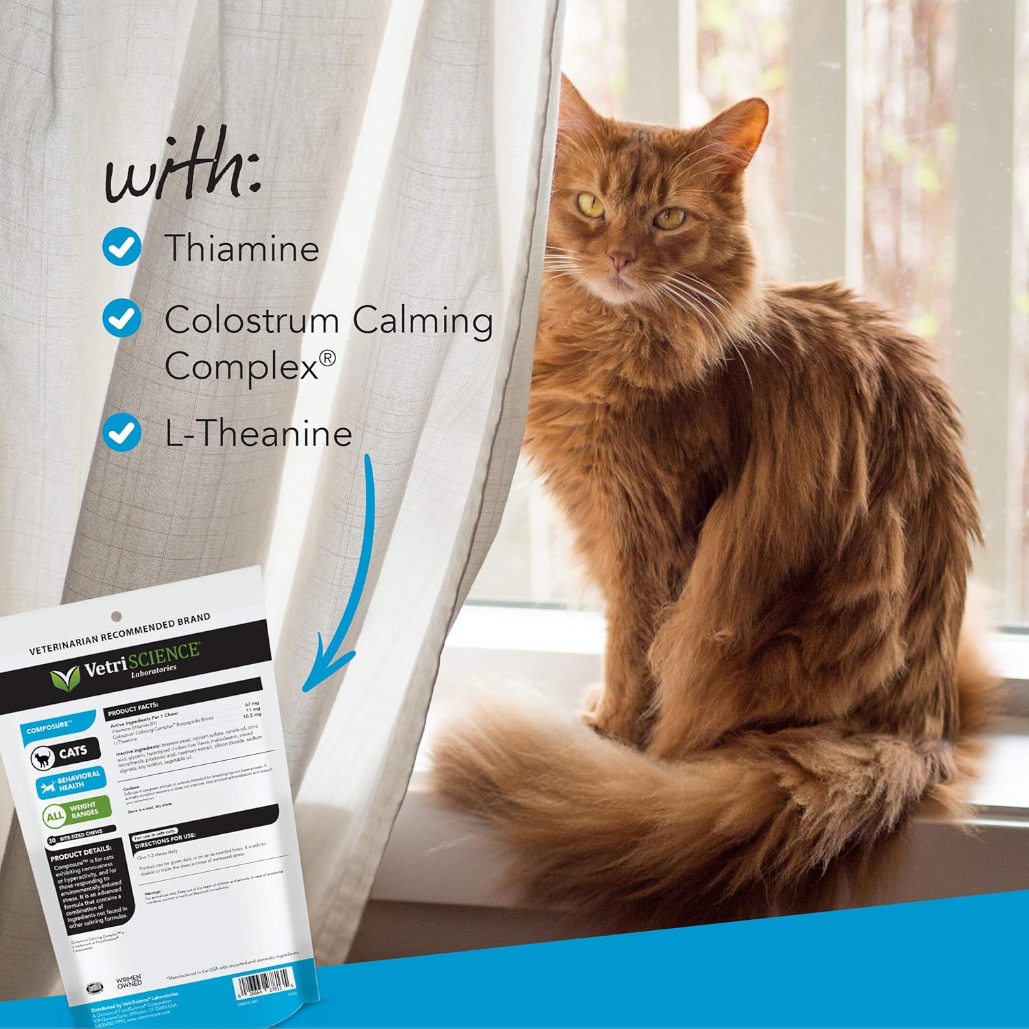 VetriScience Laboratories Composure, Calming Formula for Cats, 30 Bite-Sized Chews : Pet Relaxants : Pet Supplies
