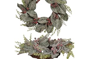 Pudate 22-Inch Winter Spring Magnolia Wreath with Red Berries- Door Wreath for Indoor Outdoor, Winter Spring Decor for Front Door, Fireplace, or Wall Display