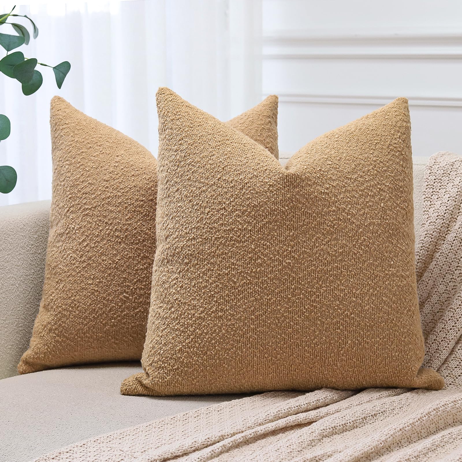 JOTOM Set of 2 Cushion Covers 55x55 cm Textured Boucle Tobacco Decorative Throw Pillow Covers 22x22 Inch Square Cushion Case Home Decor Pillowcases for Couch Sofa Living Room Bed (Tobacco)