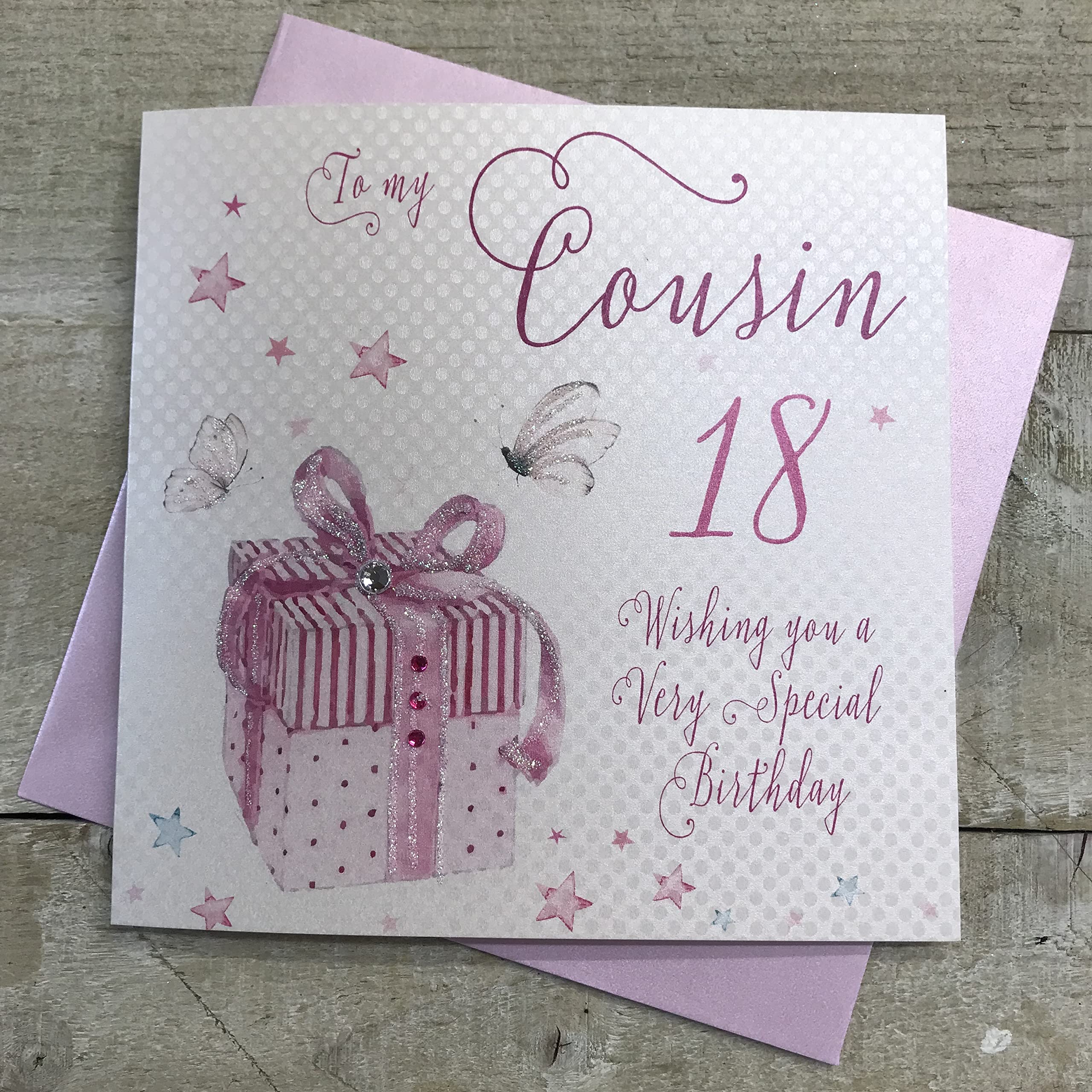 white cotton cards "Pink Present, To My Cousin 18 Happy Birthday Handmade 18th Birthday Card, White, WB160-18