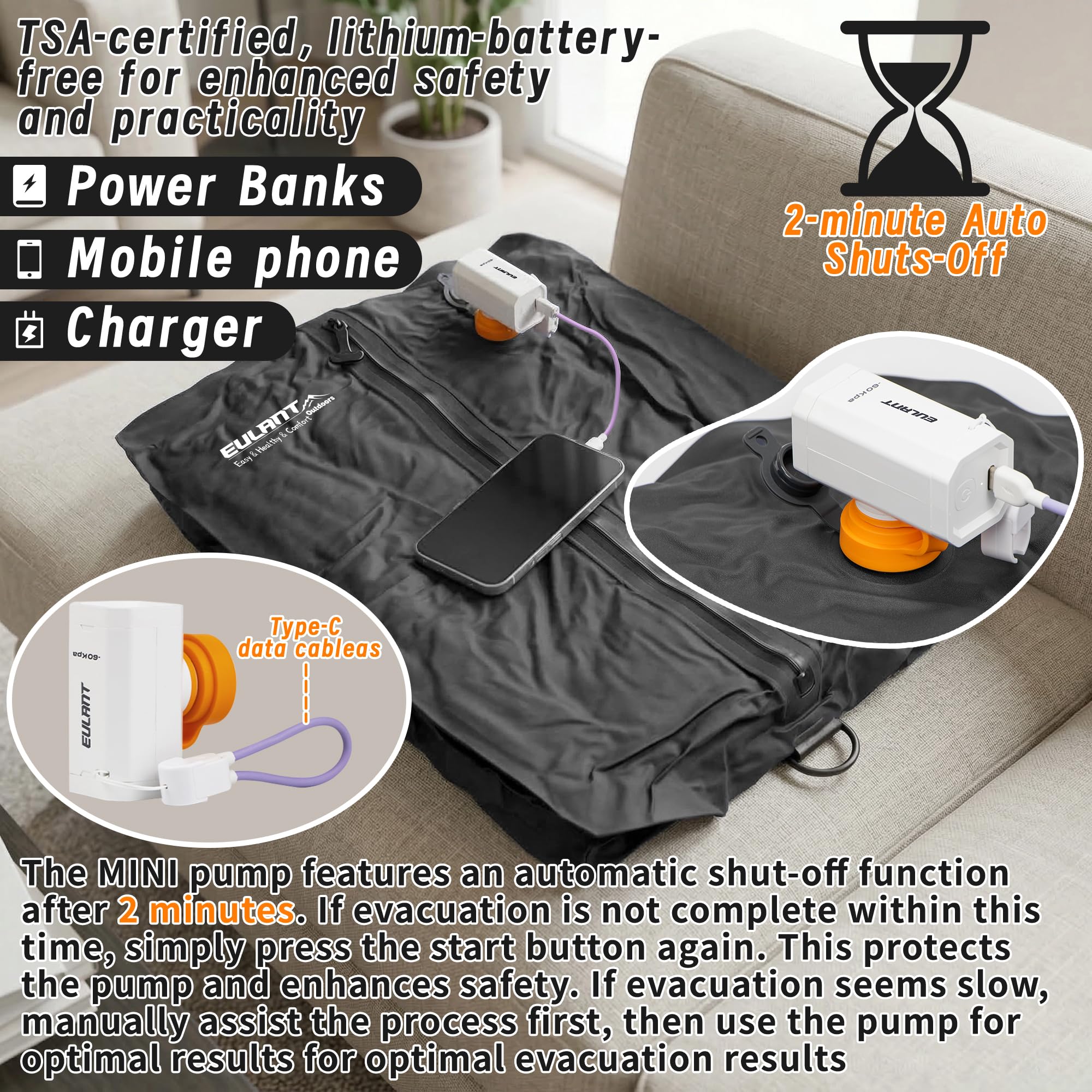 EULANT Wasserdicht Vakuumbeutel für Reisen mit Pumpe, Wiederverwendbare Kompressionsbeutel für Koffer/Gepäck/Rucksack, Vakuumversiegelungsbeutel mit IPX8 Luftdichtem Reißverschluss, Schwarz*2 3